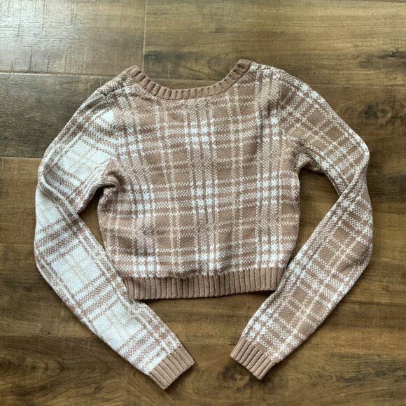 Hollister Cropped Cardigan Plaid Knit Sweater Tan White Size Small - Picture 9 of 10